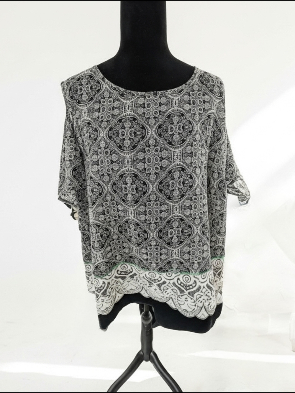 Tacera Blue Green& White Printed Short Sleeve Cold Shoulder XL Blouse (A79)